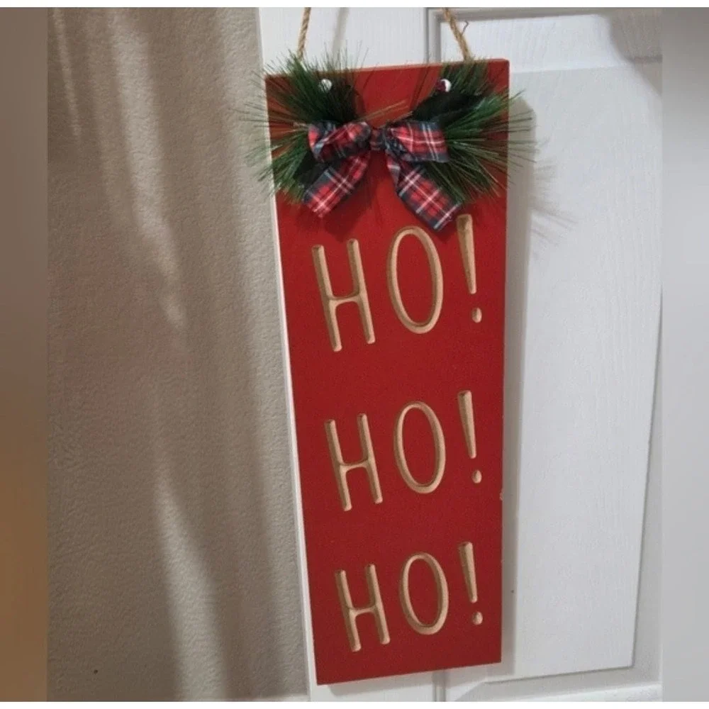 Red Ho Ho Ho Wooden Holiday Wall Hanging Sign Red‎ Buffalo Check Bow